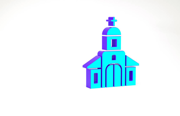 Icona dell'edificio della chiesa turchese isolata su sfondo bianco. Chiesa cristiana. Religione della chiesa. Concetto minimalista. Illustrazione 3d rendering 3D - Foto, immagini
