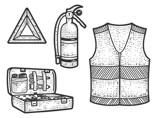 Car emergency kit. Sketch scratch board imitation. Black and white. - Vector, Image