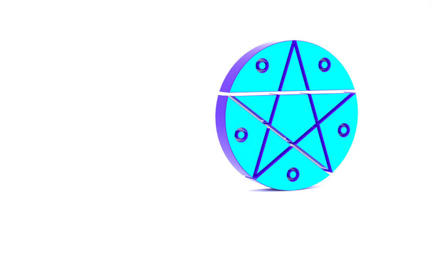 Turkoois Pentagram in een cirkel pictogram geïsoleerd op witte achtergrond. Magisch occult sterrensymbool. Minimalisme concept. 3d illustratie 3D renderen - Foto, afbeelding