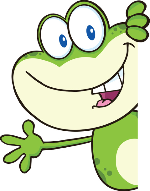 Cute Green Frog Cartoon Character Looking around a blank sign and waving
 - Фото, изображение