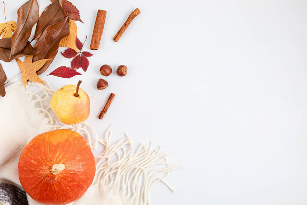 Autumn flat lay composition. Pumpkin, pear, dried leaves and nuts on light gray background. Thanksgiving, autumn, fall concept. Mockup, top view, copy space - Photo, Image