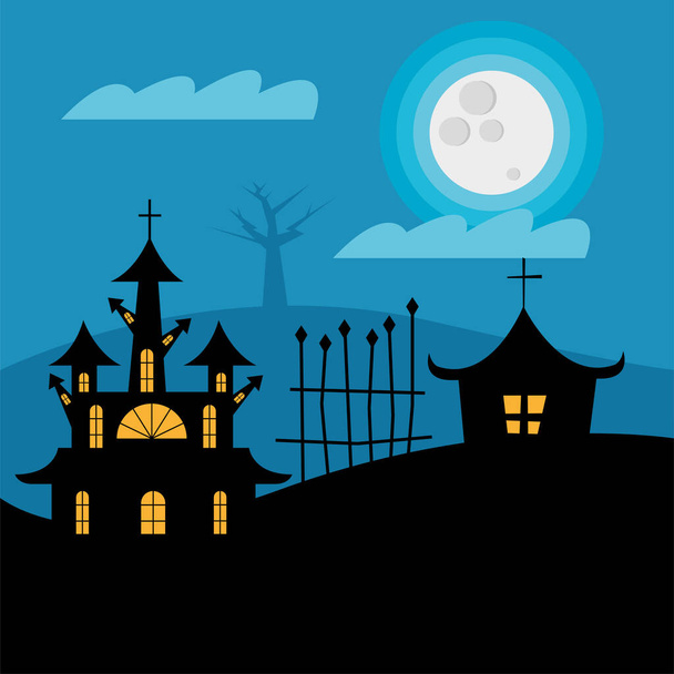 Casas de Halloween com portão à noite design vetorial - Vetor, Imagem