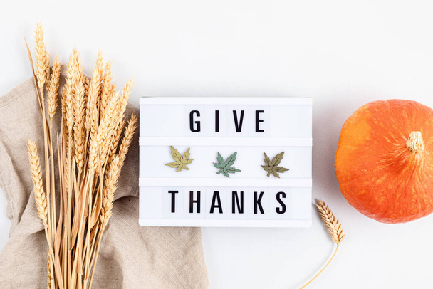 Thanksgiving flat lay composition. Lightbox with the phrase Give thanks. Autumn holidays, fall concept. Mockup, top view, copy space - Photo, Image
