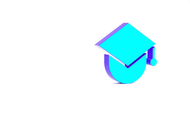 Tyrkysová maturitní čepice na ikoně globusu izolované na bílém pozadí. Symbol světového vzdělávání. Online učení nebo e-learning koncept. Minimalismus. 3D ilustrace 3D vykreslení - Fotografie, Obrázek