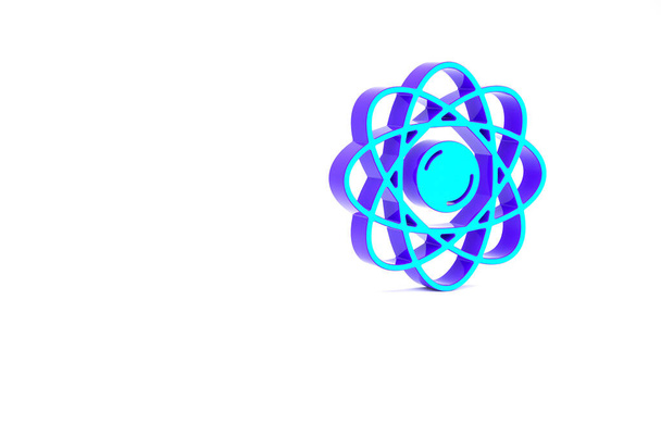 Turkoosi Atomi kuvake eristetty valkoisella pohjalla. Symboli tieteen, koulutuksen, ydinfysiikan, tieteellisen tutkimuksen. Minimalismin käsite. 3d kuva 3D renderöinti - Valokuva, kuva