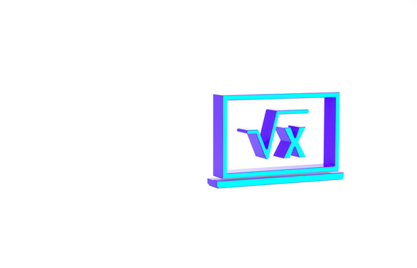 Beyaz arkaplanda izole edilmiş karton simge üzerindeki x sembolünün turkuaz kare kökü. Matematiksel ifade. Minimalizm kavramı. 3d illüstrasyon 3B canlandırma - Fotoğraf, Görsel