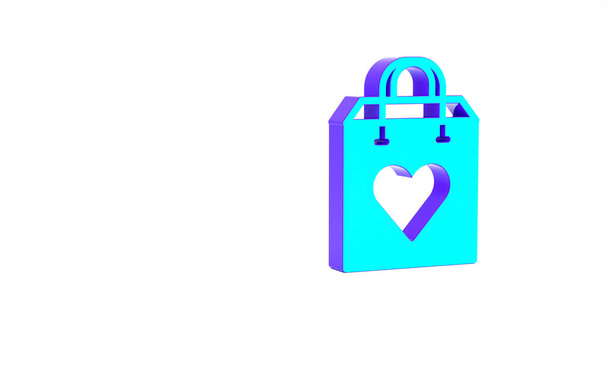 Turkusowa torba na zakupy z ikoną serca na białym tle. Zakupy uwielbiają ikonę serca. Symbolem Walentynek. Koncepcja minimalizmu. Ilustracja 3D 3D renderowania - Zdjęcie, obraz