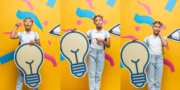 Collage of pensive and worried schoolgirl holding decorative light bulb near paper art on yellow background - Foto, Imagem