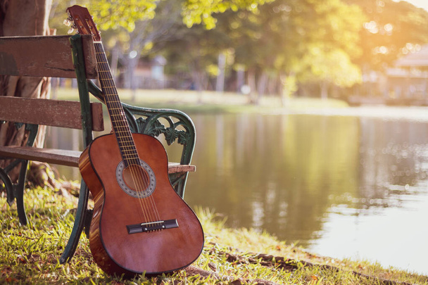 View of Acoustic guitar at lake. background the nature of the lake. - Fotoğraf, Görsel