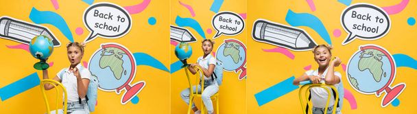 Kollázs izgatott iskoláslány gazdaság földgömb és könyv alma mellett papír művészet sárga alapon - Fotó, kép