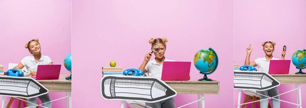 Kolaż dziewczyny trzyma loupe w pobliżu laptopa, globu i papieru grafiki na różowym tle - Zdjęcie, obraz