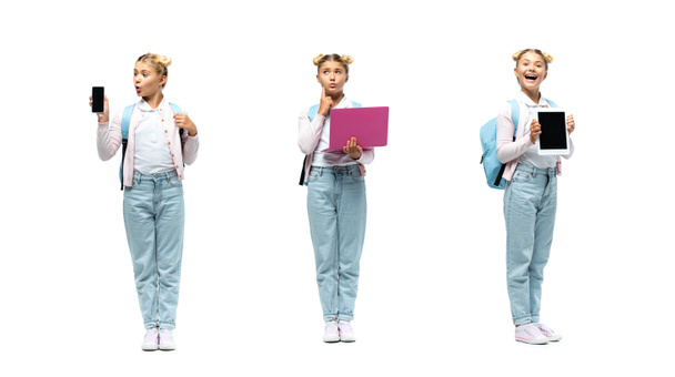 Collage of schoolgirl holding digital devices with blank screens on white background - Фото, зображення