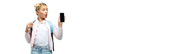 Website header of excited schoolchild holding smartphone isolated on white  - Foto, afbeelding