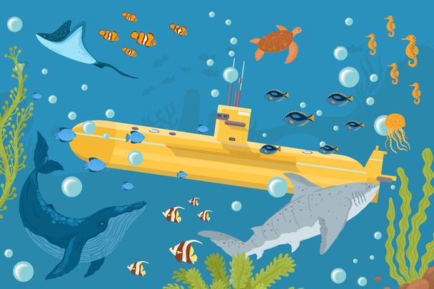 Yellow submarine undersea boat with fishes in ocean, sea, with periscope flat design, vector illustration. Marine theme. - Vektor, Bild