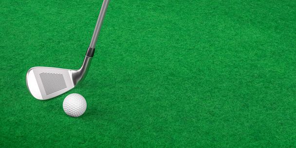 Golf club with ball lie on a green felt background with space for text - banner - 3d render - Fotoğraf, Görsel