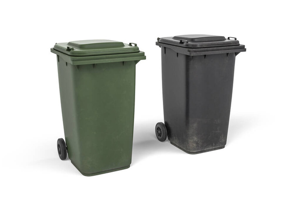Duas latas de lixo sobre rodas em cores verde e grafite - isolado em fundo branco - renderização 3d - Foto, Imagem