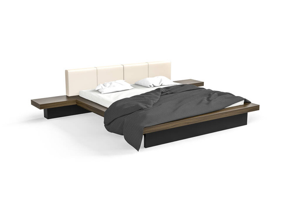 Un lit double moderne et élégant isolé sur un fond blanc - rendu 3d - Photo, image