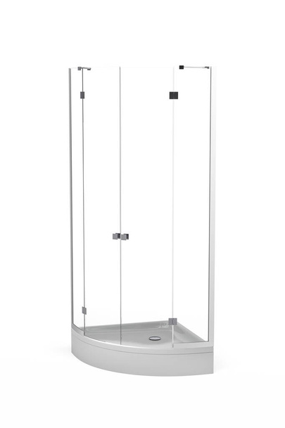 Cabina de ducha semicircular de esquina con una bandeja de ducha aislada sobre un fondo blanco - 3d render - Foto, Imagen