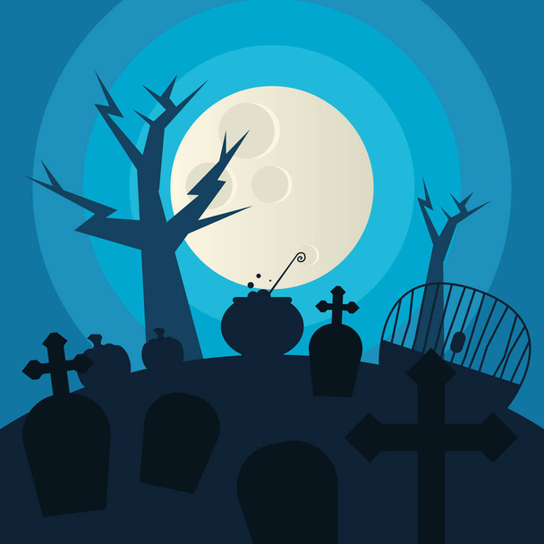 Cimitero di Halloween e albero di notte progettazione vettoriale - Vettoriali, immagini