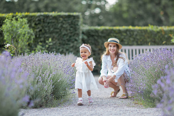 Mooie jonge moeder en haar dochtertje in bloeiende lavendel. Internationale familie. Moeder en dochter in de zonsondergang. - Foto, afbeelding