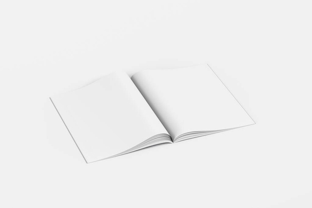 Revista abierta en blanco en tamaño A4 sobre fondo blanco - maqueta - Ilustración 3D - Foto, imagen