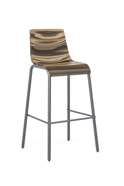 Hochstuhl mit Chrommetallbeinen und Holzsitz - isoliert auf weiß - 3D-Render - Foto, Bild