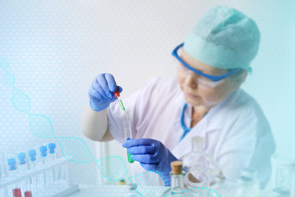 female scientist, laboratory assistant, researches a DNA test in the laboratory, researches a vaccine against COVID-19, creates a new drug, a concept of innovation in modern science - Foto, Bild