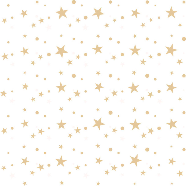 Bunte goldene Sterne, kleine Punkte auf weißem Grund, festliches, nahtloses Muster in verschiedenen Formen. Abstraktes Konfetti chaotisch geometrisch. Geometrischer Hintergrund. Vektorillustration. - Vektor, Bild