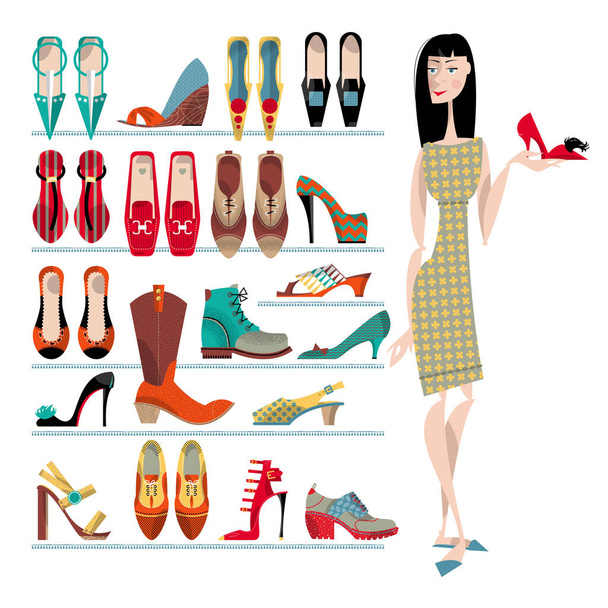 Mujer con colección de zapatos sobre fondo blanco. Hora de comprar. Ilustración vectorial - Vector, imagen