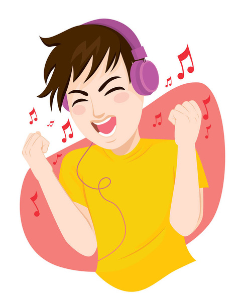 Happy teenager man listening to music and dancing using big headphones - Vector, imagen