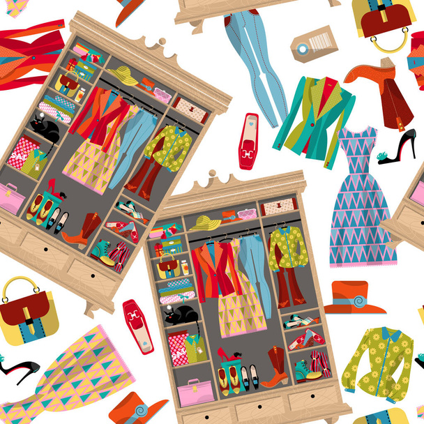 Wardrobe for cloths. Closet with clothes, bags, boxes and shoes. Seamless background pattern. Vector illustration - ベクター画像