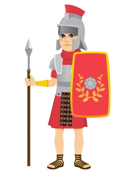 Roman legionary soldier holding long spear and shield - Вектор, зображення