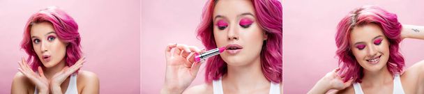 collage van jonge vrouw met kleurrijke haar houden lippenstift geïsoleerd op roze, panoramisch schot - Foto, afbeelding