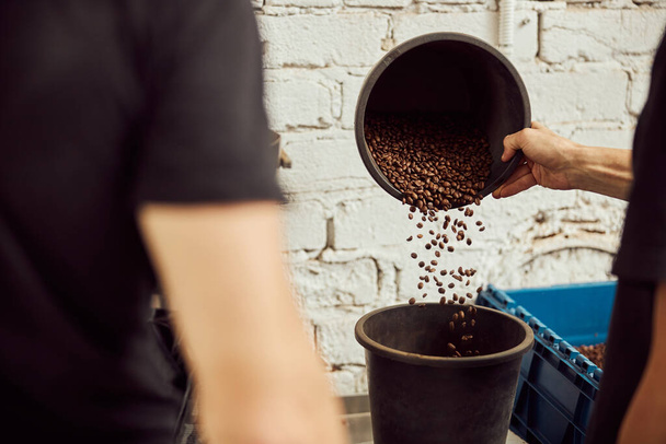 Junger Mann schüttet Kaffeebohnen in Eimer - Foto, Bild