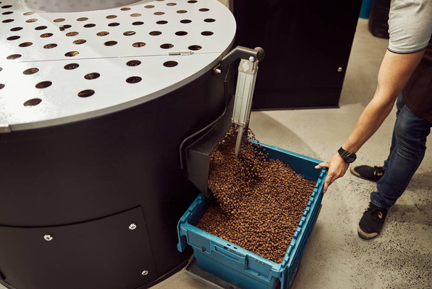 Profesyonel kahve kızartma makinesi kullanan erkek işçi. - Fotoğraf, Görsel