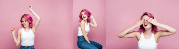 collage of young woman with colorful hair smiling and dancing isolated on pink - Foto, afbeelding