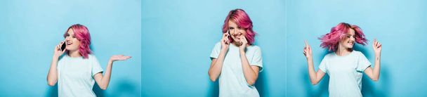 Collage einer jungen Frau mit rosafarbenen Haaren, die auf einem Smartphone auf blauem Hintergrund spricht, Panoramaaufnahme - Foto, Bild