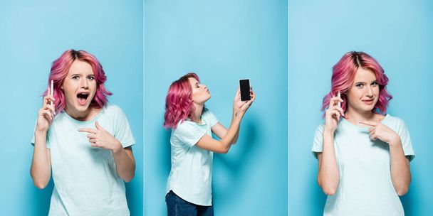 коллаж молодой женщины с розовыми волосами разговаривает и целует смартфон на синем фоне - Фото, изображение