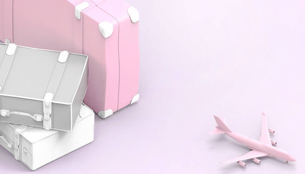 Чемодан розовый с концепцией Travel Bag Holidays и самолетом на фиолетовом фоне. - Фото, изображение