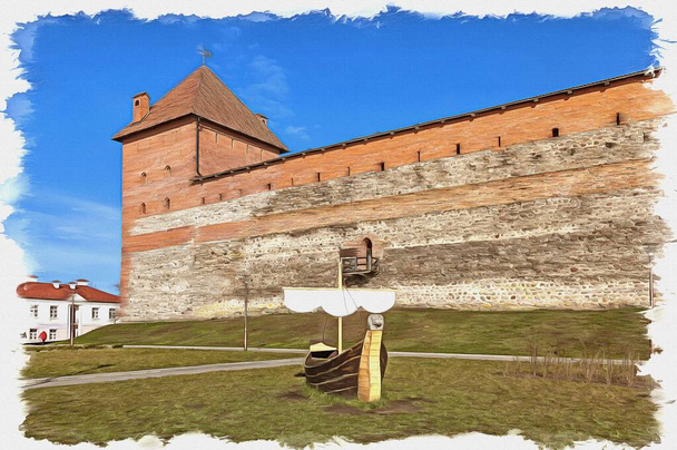 Picture from a photo. Oil paint. Imitation. Illustration. Lida castle. A fourteenth century citadel in the city of Lida. Republic of Belarus - Photo, Image