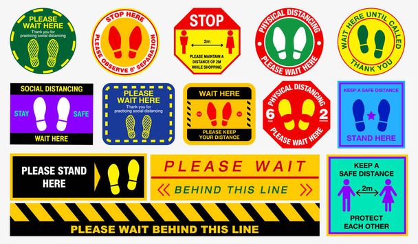 The Floor social distancing stickers or public health practices for covid-19 or health and safety protocols or new normal lifestyle - Vector, Image