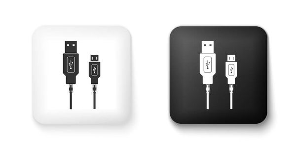 Černá a bílá ikona USB Micro kabelů izolovaných na bílém pozadí. Konektory a zásuvky pro PC a mobilní zařízení. Nabíjecí zdroj chytrého telefonu. Tlačítko. Vektor. - Vektor, obrázek