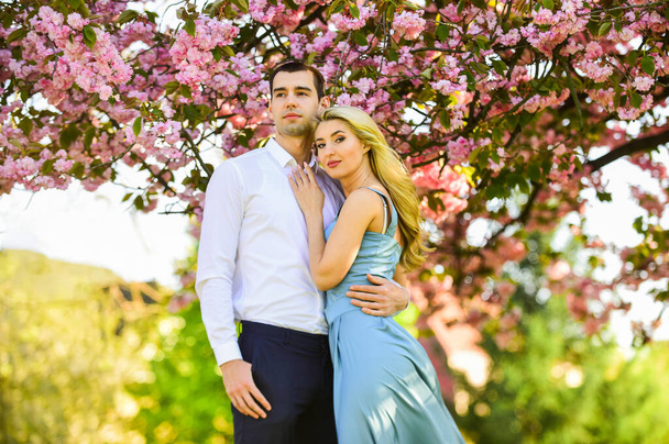 Summer happiness. newlyweds at blooming pink sakura. spring wedding fashion and beauty. concept of togetherness. romantic season. Love and friendship. couple of lovers under love tree valentines day - Fotoğraf, Görsel
