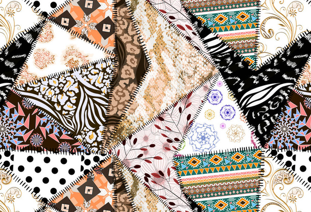 Patchwork leopard and zebra design pattern, leopard and ethnic pattern, seamy patchwork - Photo, Image