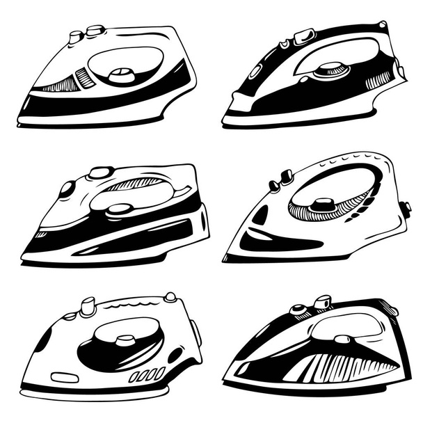 Handgezeichnete schwarze Umrisse Cartoon Doodle Iron Collection. Schwarz-weiße Vektor-Darstellungen von Haushaltsgeräten isoliert auf weißem Hintergrund. - Vektor, Bild