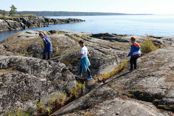 Kids on island in lake Ladoga skerries, Karelia - Foto, immagini