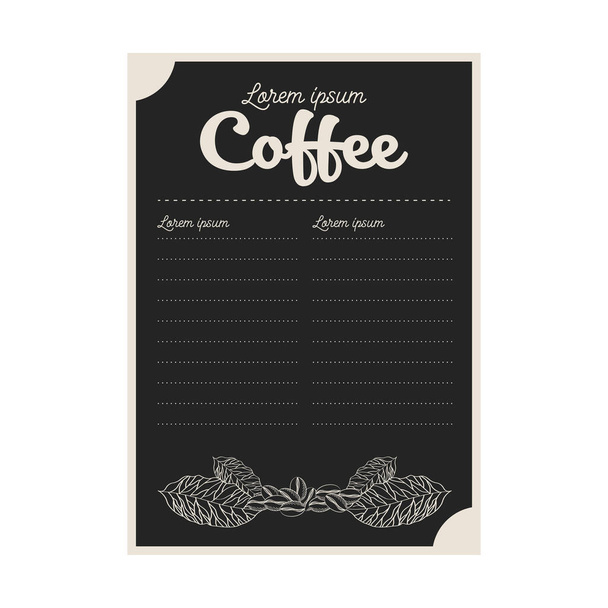 μαύρη κάρτα μενού καφέ με φύλλα και φασόλια vector design - Διάνυσμα, εικόνα