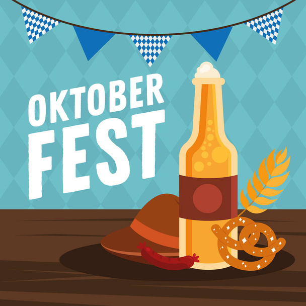 Ekim Festivali bira şişesi simit sosisi ve pankart vektör tasarımlı şapka - Vektör, Görsel