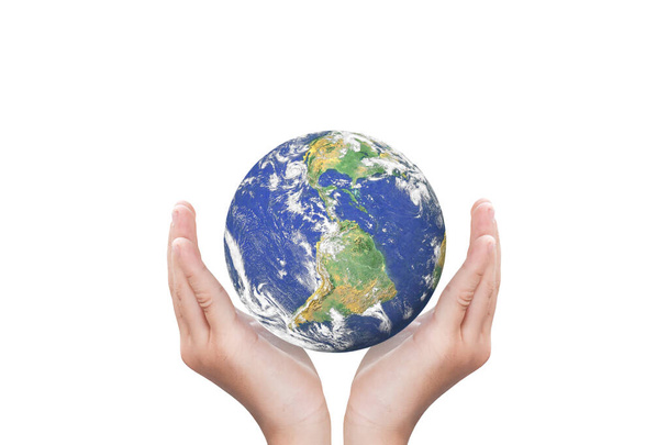 Globe, hlína v dětské ruce izolované na bílém pozadí s výstřižkovou dráhou. Prvky tohoto snímku poskytla NASA. - Fotografie, Obrázek