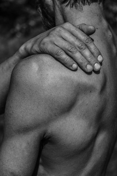 Male hands close-up Black and white image of a muscular man, athletic body, beautiful masculine forms of muscles, relief. Beautiful strong and flexible body, sexy attractive. - Fotó, kép
